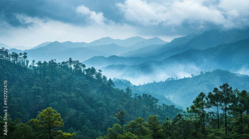 Poster breathtaking view of layered mountain forests under a cloudy sky
