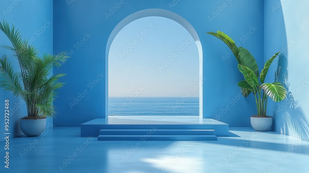 Poster abstract blue 3d render with white clouds passing through a square mirror.