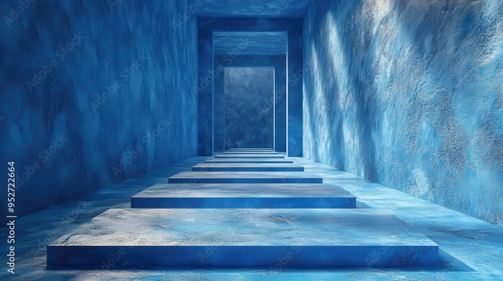 Poster abstract blue 3d render with white clouds passing through a square mirror.
