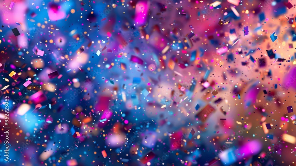 Poster Bright multicolored abstract background with falling small pieces, dynamic and lively, detailed texture