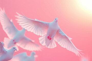 Obraz premium Graceful white doves soaring through a soft pink sky at sunrise
