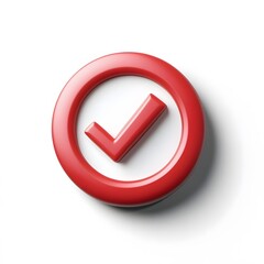 
3d check icon, checklist tick, done mark. Vector realistic plastic style checkmark, symbol of selection, confirmation or approval. Red circle with a white, white background