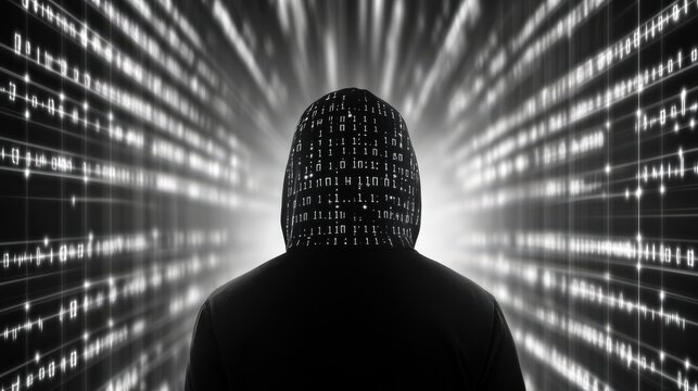 A mysterious figure in a hooded sweatshirt surrounded by binary code, symbolizing hacking and digital security threats.