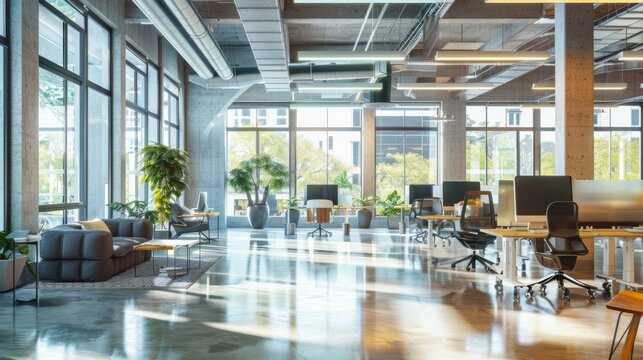 Bright office space with minimalist design and high ceilings