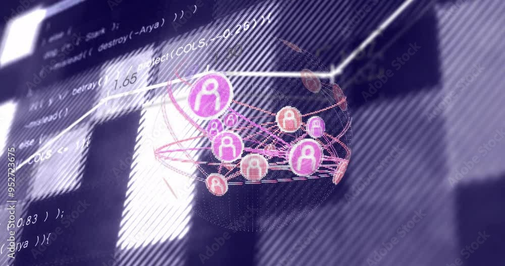 Poster network of connections and data processing animation over computer code