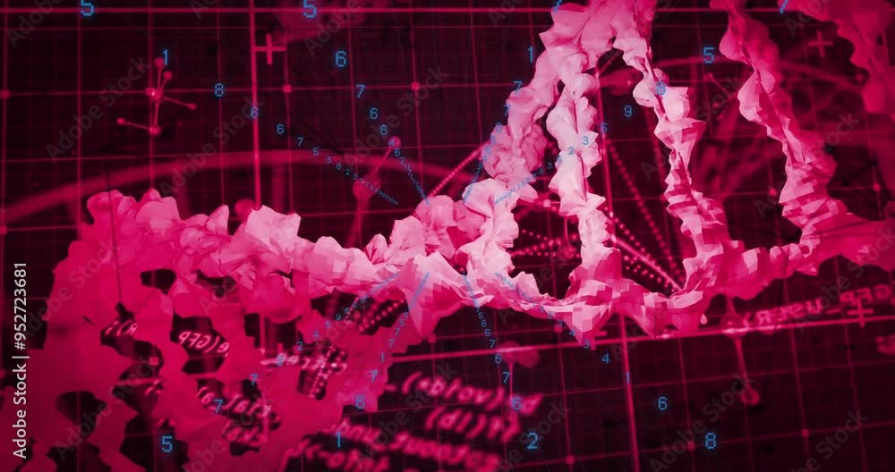 Poster dna strand and numerical data analysis animation over red grid background