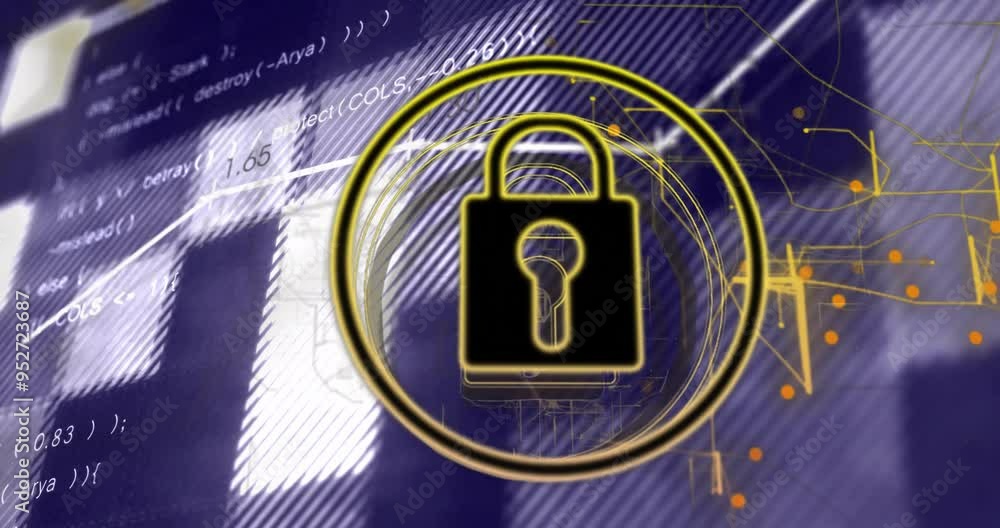 Poster lock symbol and security code animation over abstract digital background