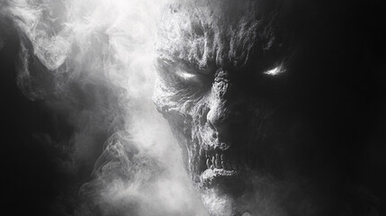 Obraz premium A terrifying evil face with smoke in the darkness, ideal for Halloween and horror-themed content.