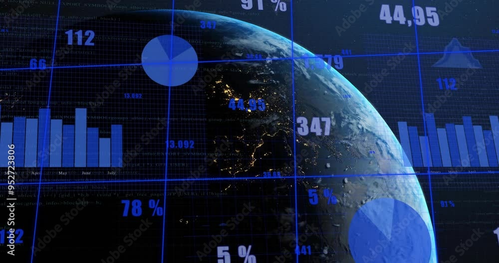 Poster Global statistics and data visualization animation over rotating Earth