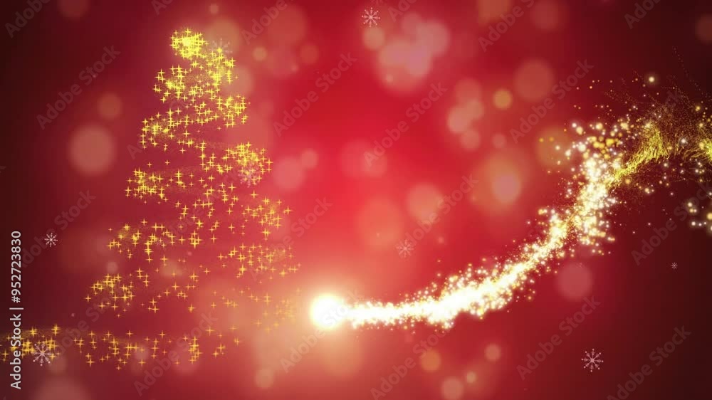 Poster christmas tree and sparkling light trail animation over red background with bokeh
