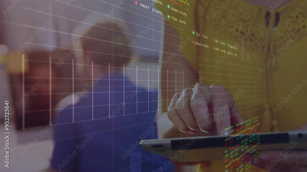Poster touching tablet, person interacting with financial data animation over graph