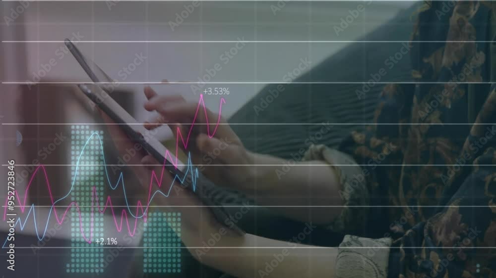 Poster analyzing financial data animation over person using tablet