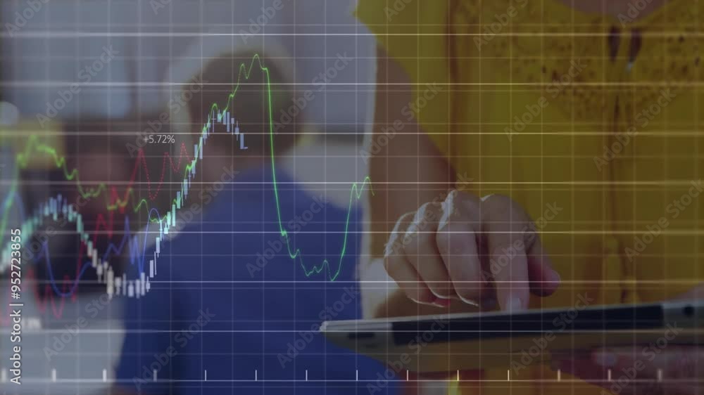 Poster analyzing financial data animation over person using tablet in office