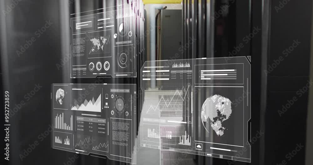 Poster data analytics and global statistics animation over server room background