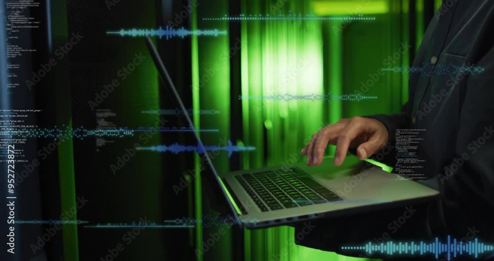 Poster typing on laptop, person with sound waveforms and data processing animation over green background