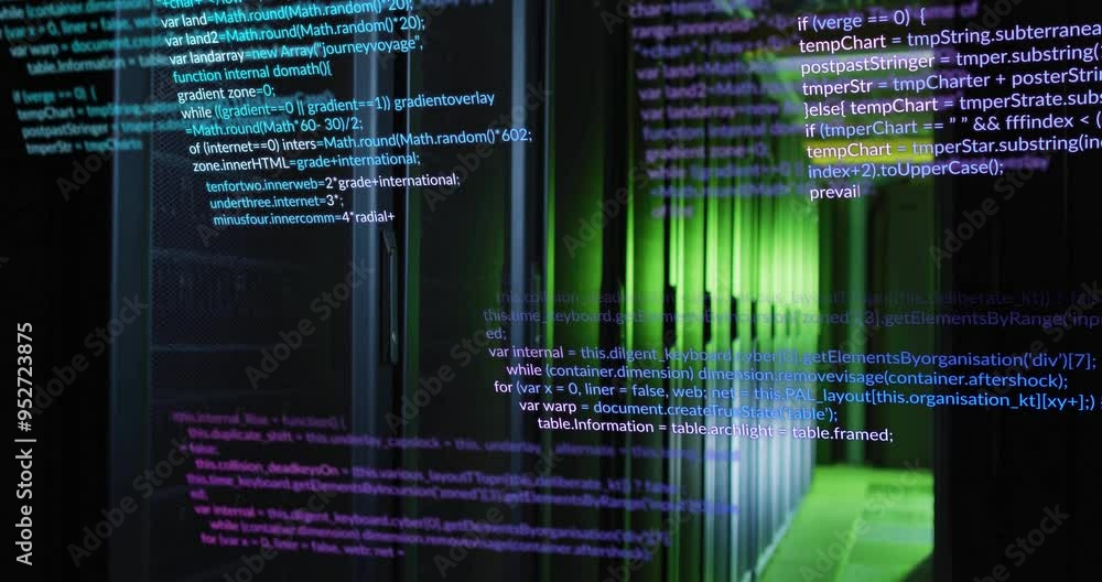 Poster computer code animation over server racks in data center