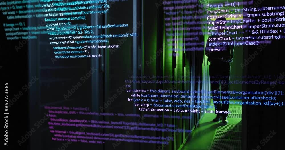 Poster computer code animation over person walking through server room