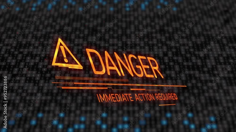 Poster danger warning and immediate action required text animation over binary code background