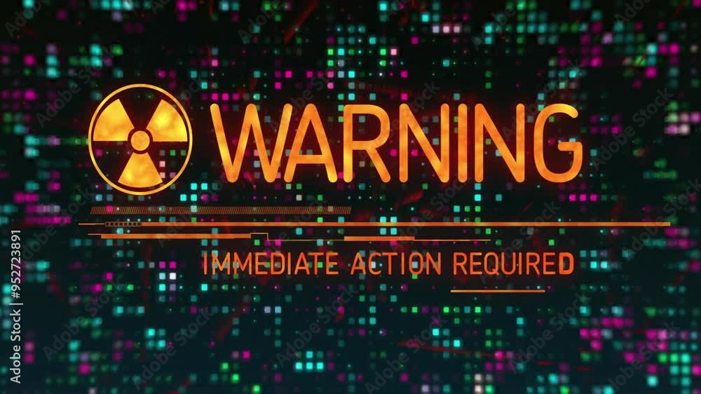 Poster warning and immediate action required text animation over digital grid background