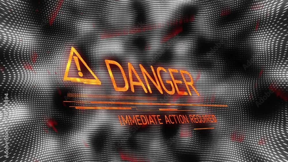 Poster danger warning animation over wavy black and white background with text immediate action required