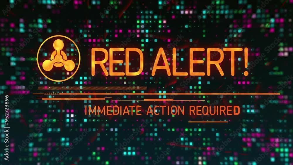 Poster red alert text animation over colorful digital grid background with immediate action required