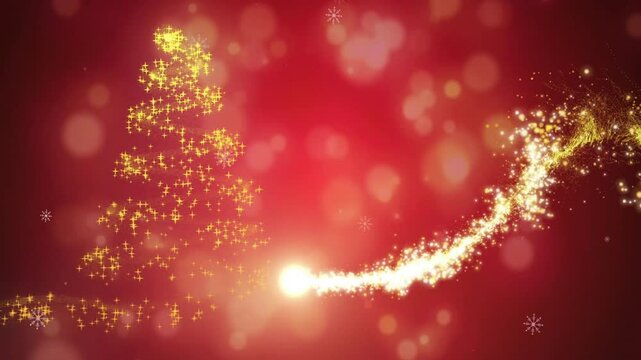 Christmas tree and sparkling light trail animation over red background with bokeh