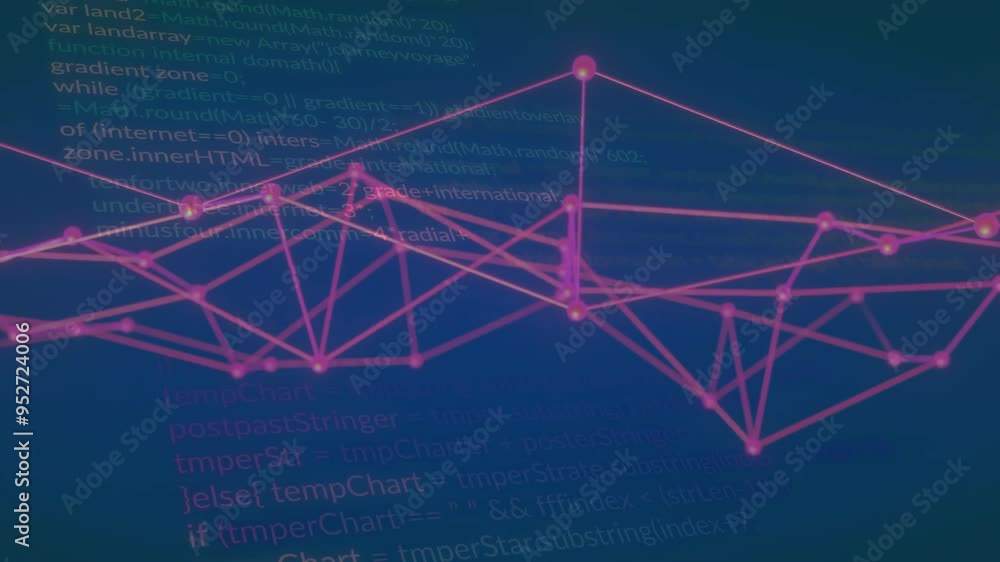 Poster network connections and data processing animation over programming code background