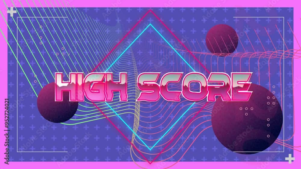 Poster high score text animation over geometric shapes and colorful lines