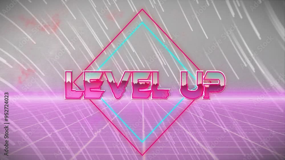 Poster level up text animation over neon geometric shapes and lines
