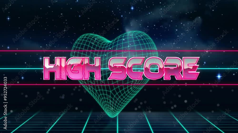 Poster high score text animation over neon heart and grid background