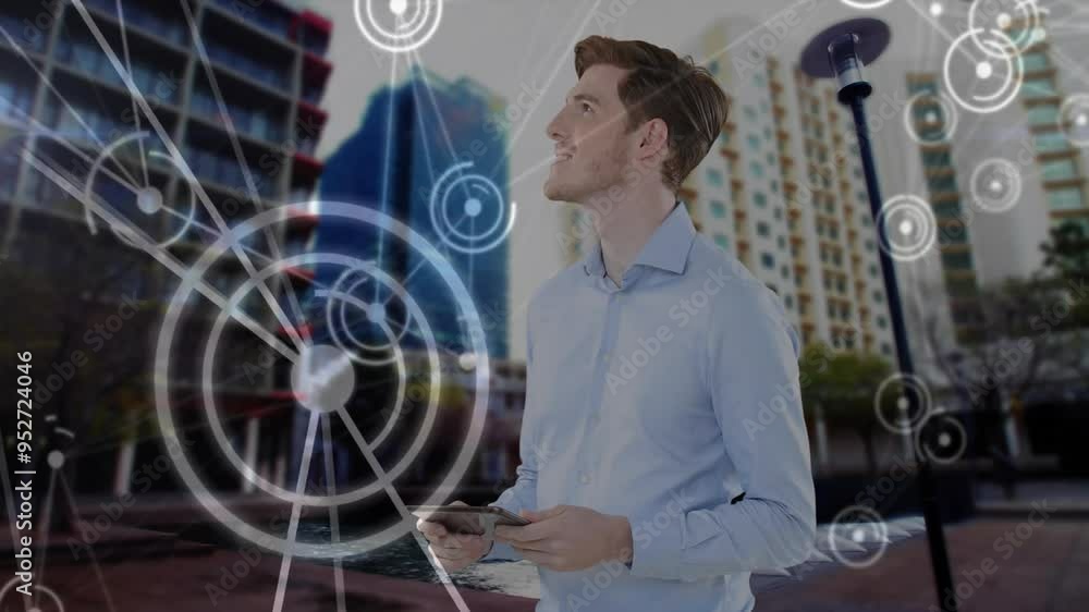 Wall mural Holding tablet, man surrounded by digital network connections animation over cityscape