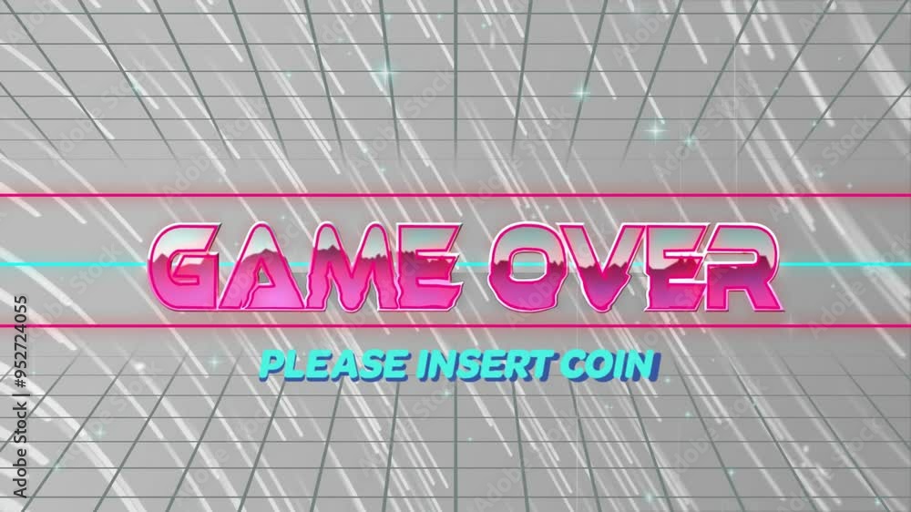 Poster game over and please insert coin text animation over grid background