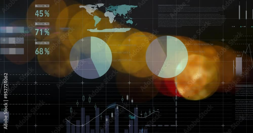 Poster financial data and pie chart animation over blurred lights and graphs