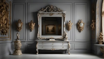 Interior of a grey gallery room with a drawer, ornamentation, and a fake frame