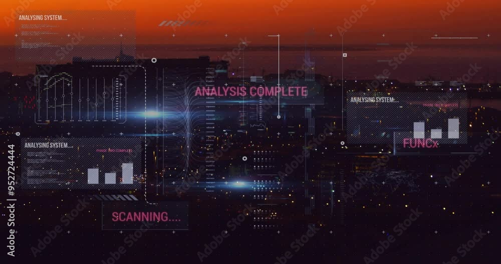 Poster scanning and analysis complete text animation over cityscape at sunset