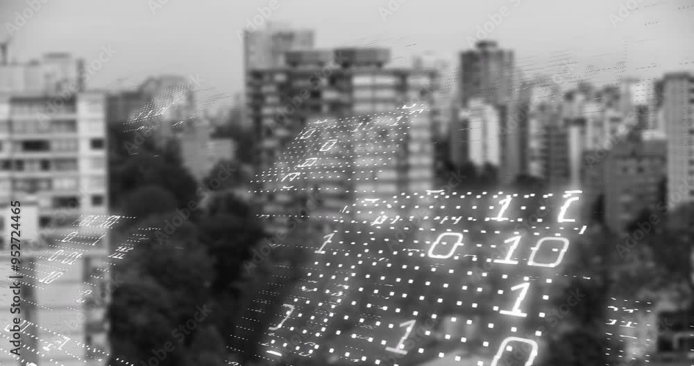 Poster binary code animation over cityscape with buildings and trees