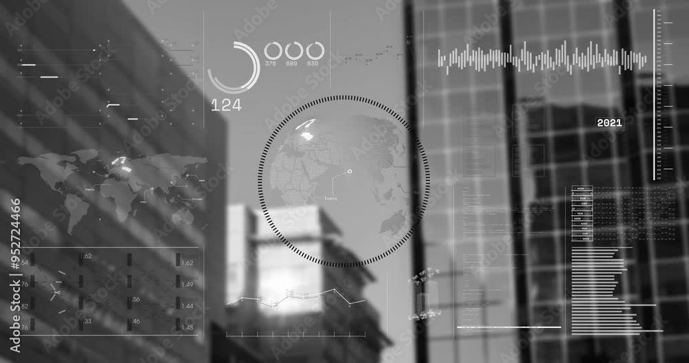 Poster data analytics and global statistics animation over city skyscrapers