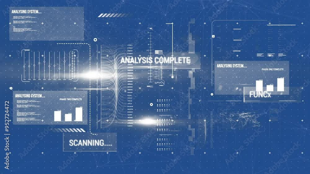 Poster analysis complete and scanning text animation over digital data processing interface