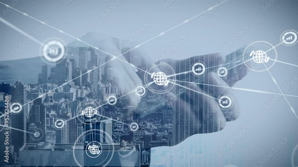 Poster hands interacting with network of connections animation over cityscape