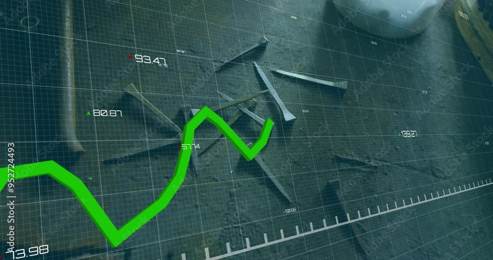 Poster green financial graph animation over abstract background with grid and numbers