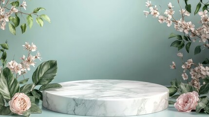 light marble stone podium stand for cosmetics and product display on abstract pastel background with flowers and green leaves generative ai