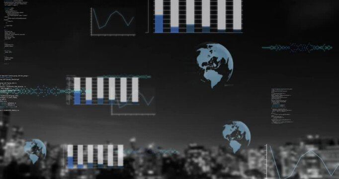 Financial data charts and global connections animation over cityscape background