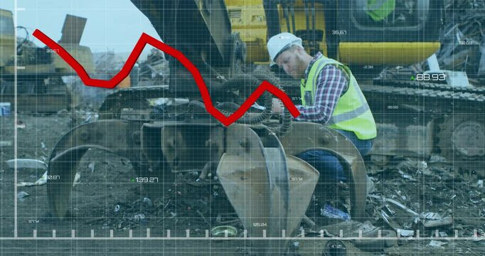 Declining stock market animation over construction worker in industrial scrapyard