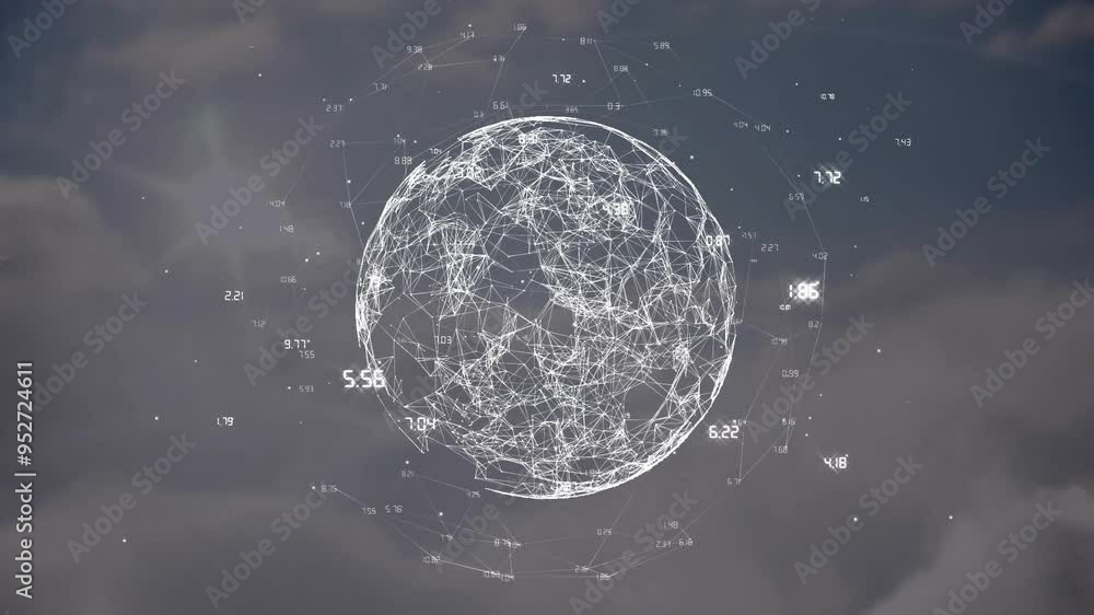 Poster globe with interconnected data points and numbers, network connections animation
