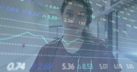 Animating financial stock market data over healthcare professional in hospital hallway - Powered by Adobe