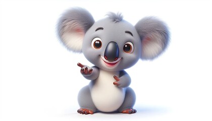 A cute, cartoon koala with big brown eyes and a friendly smile, pointing with its paw.
