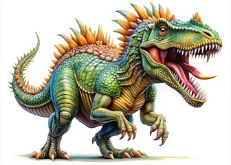 Obraz premium A vibrant, prehistoric dinosaur illustration awaits coloring, featuring a towering reptile with spiky skin and sharp teeth, set against a blank white background.