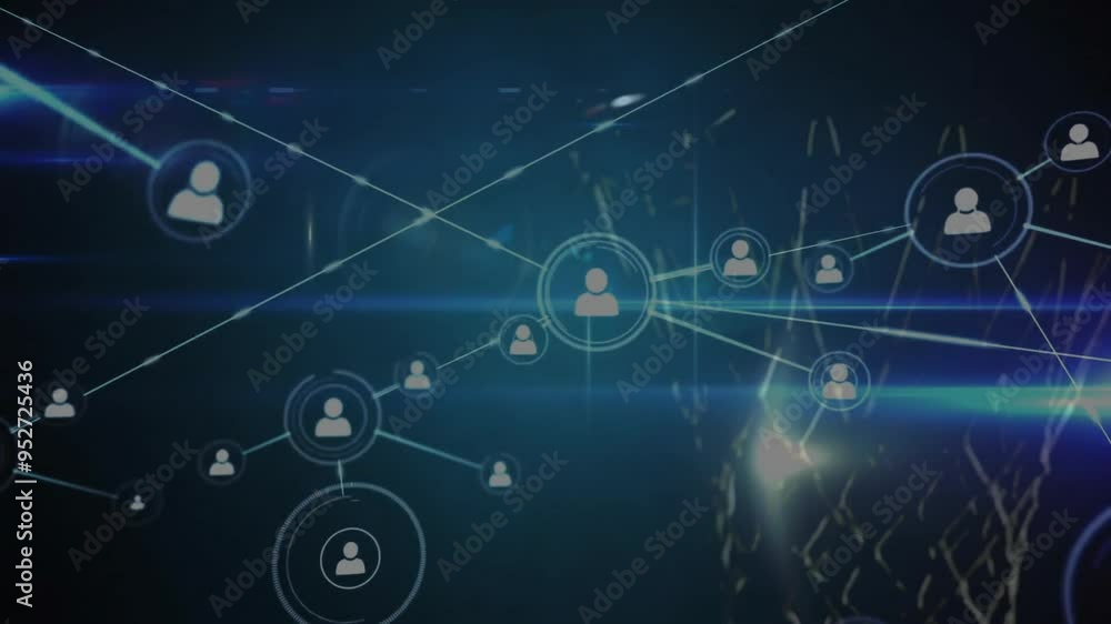 Poster network of connections and user icons animation over dark background with blue lines