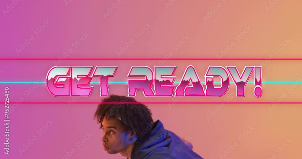 Poster get ready text animation over person in hoodie with colorful background