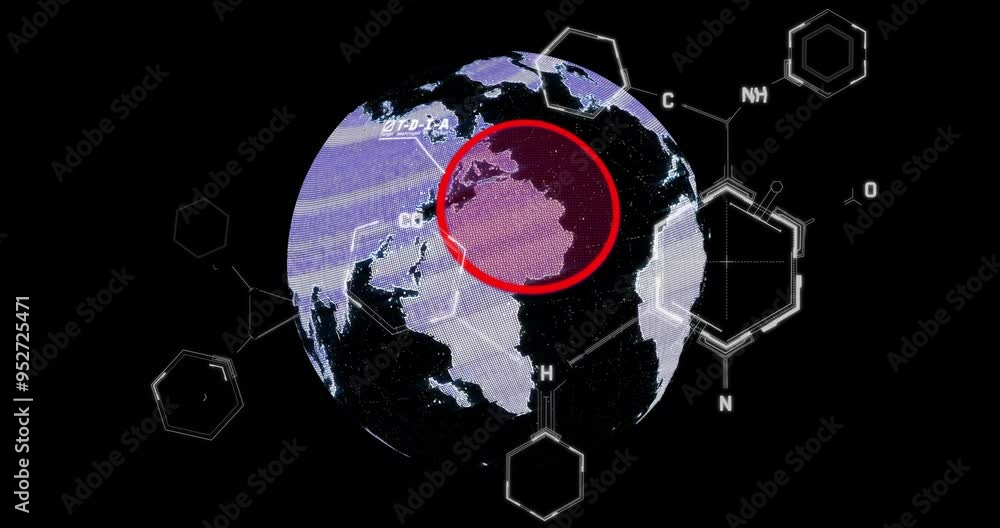 Poster chemical structure animation over rotating globe with highlighted co molecule
